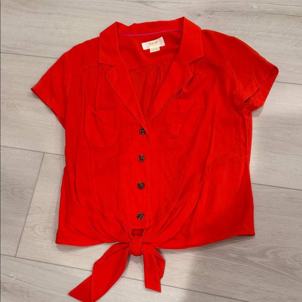 NWOT Anthropologie Maeve Red Button-Up Tie-Front Blouse SZ 0P